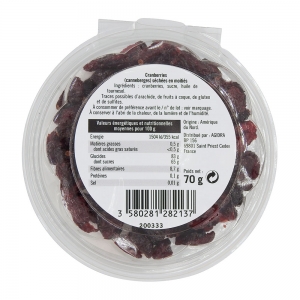 Cranberries moitiées barquette 70g Agidra   Carton de 36 x 70gr