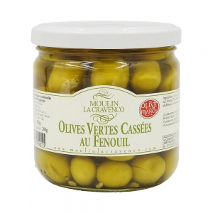 Olives vertes cassées au fenouil 200g  CT de 12 BOCAUX