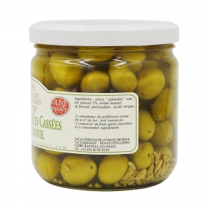 Olives vertes cassées au fenouil 200g  CT de 12 BOCAUX