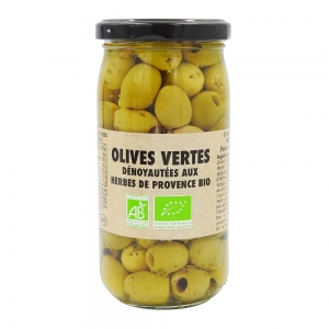 Olives vertes dénoyautées aux herbes BIO pne 160g  Carton de 12 bocaux 37cl
