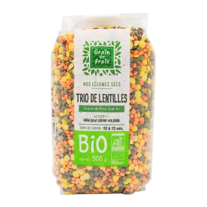 LENTILLES TRIO BIO paquet 500g GRAIN DE FRAIS  carton de 15 X 500g